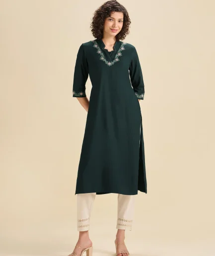 Teal Viscose Plain Slitted Kurti With Cross Stitch Embroidery