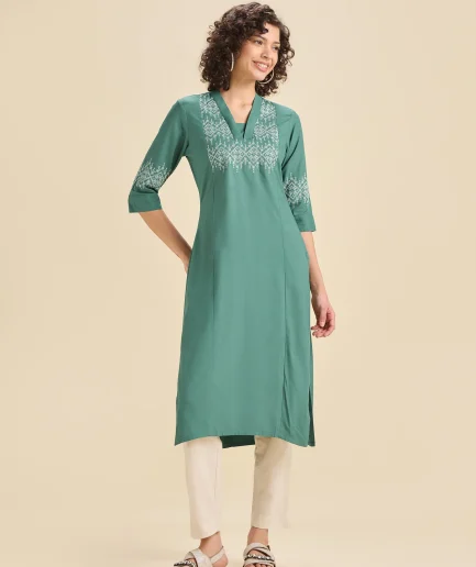 Teal Viscose Plain Slitted Center Panel Kurti With Embroidery