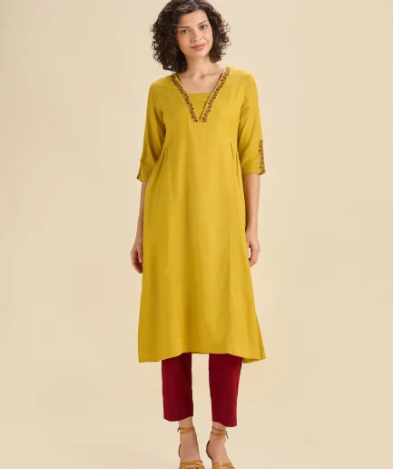 Yellow Cotton Viscose Flared Kurti With Embroidery