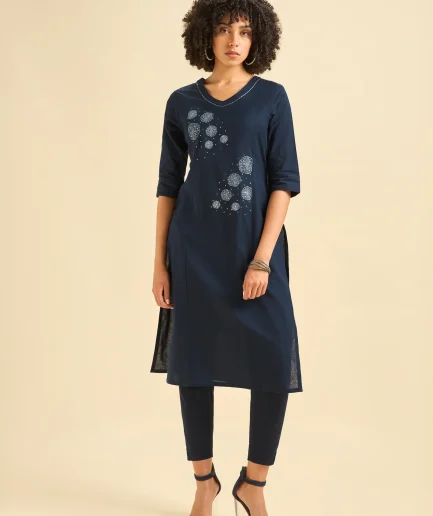 Navy Blue Cotton Flax Kurti With Sequins Embroidery