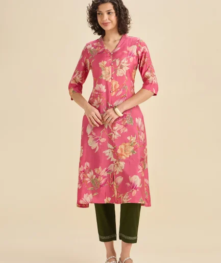 Pink Modal Chanderi Flared Printed Kurti Set With Embroidery