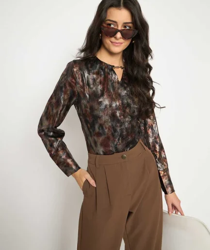 Metal Buckled Neckline Tie Dye Black Satin Top