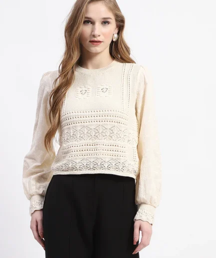 Crochet Knit Beige Cotton Top