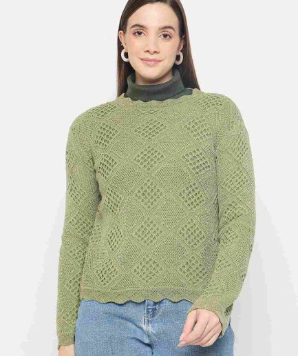 Textured Scalloped Hem Green Knitted Top