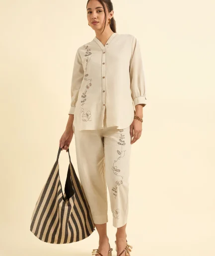 Ivory Cotton Flax Slub Tunic Set With Parallel Pant And Embroidery