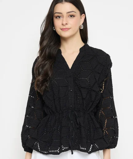 Black Cotton Schiffli Peplum Top