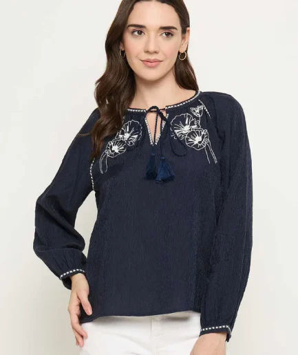 Embroidered Tencel Blend Blue Top