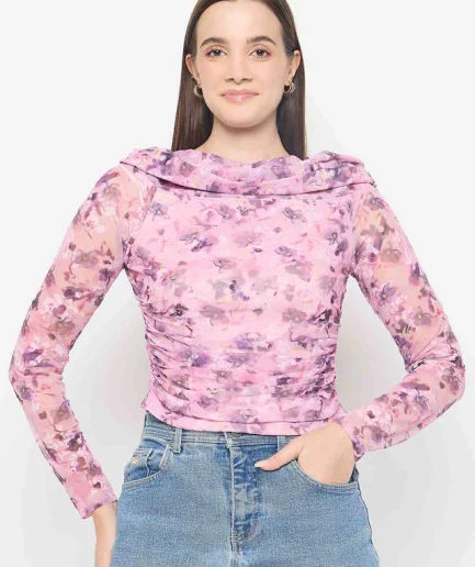 Floral Print Off Shoulder Pink Mesh Top