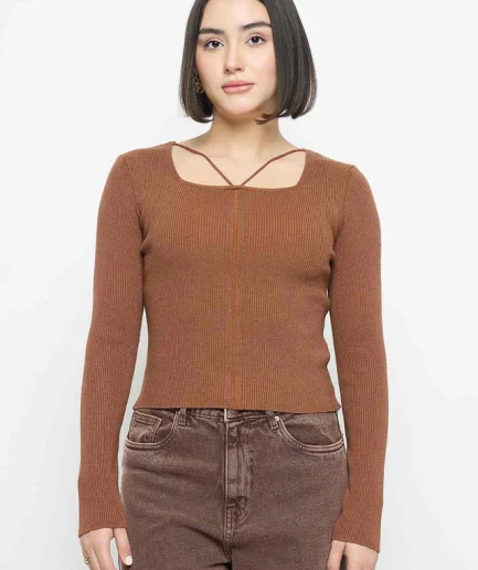 Ribbed Knit Square Neck Coffee Brown Crop Top