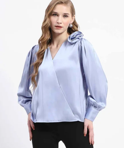 Blue Satin Wrap Top with Flower Detail