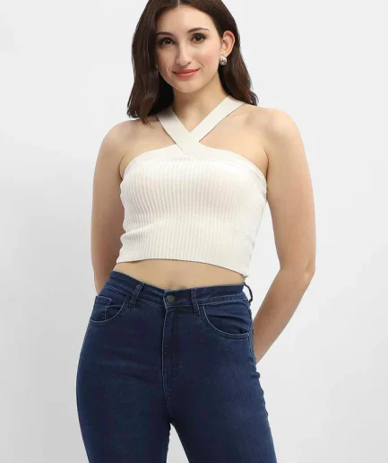 Criss-Cross Halter Neck Off-White Top