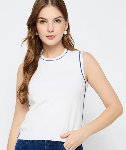 Contrast Trim Sleeveless Blue Knitted Top