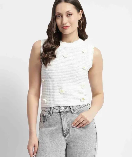 White Floral Applique Sleeveless Top