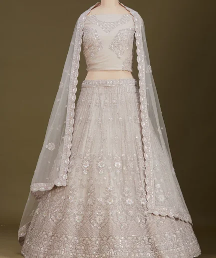 Light Grey Zariwork Net Readymade Lehenga