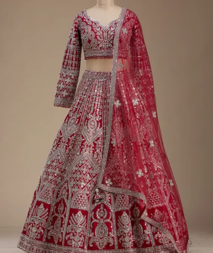 Red Silver Zariwork Raw Silk Readymade Lehenga