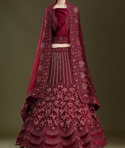 Maroon Zariwork Velvet Semi-Stitched Lehenga