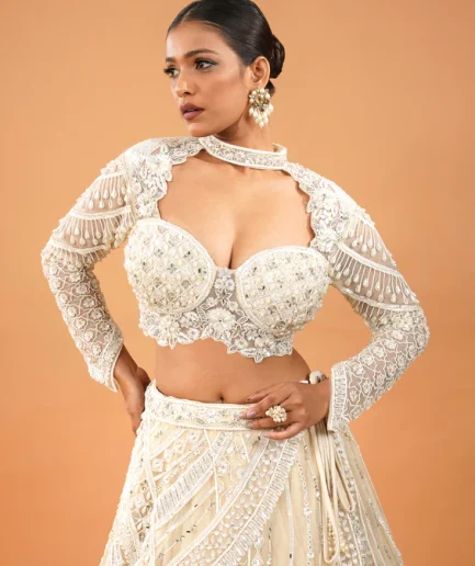 Cream Pearlwork Net Readymade Lehenga