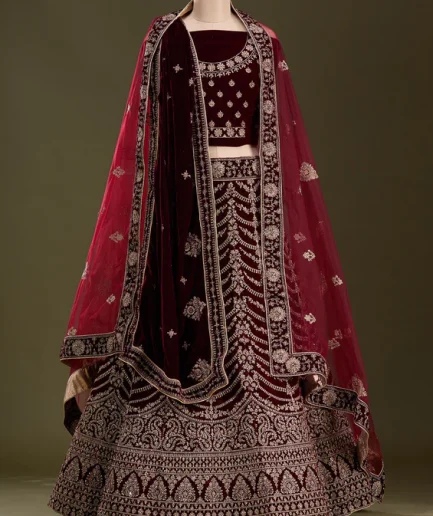 Dark Maroon Cording Velvet Semi-Stitched Lehenga
