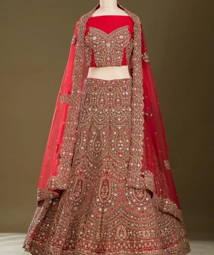 Red Sequins Net Readymade Lehenga