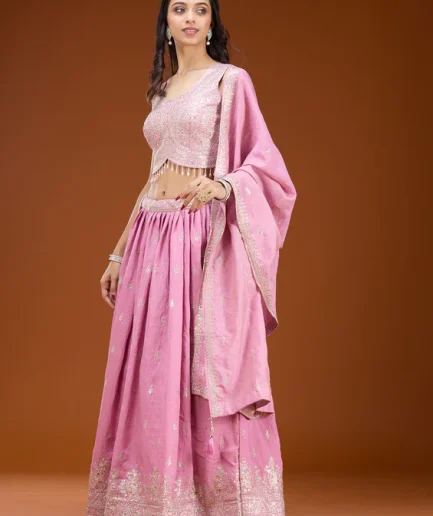 Onion Pink Zariwork Soft Raw Silk Readymade Lehenga