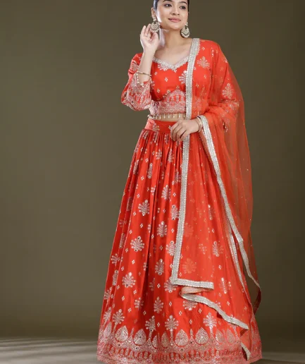 Rust Sequins Georgette Readymade Lehenga