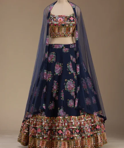 Navy Blue Threadwork Georgette Readymade Lehenga