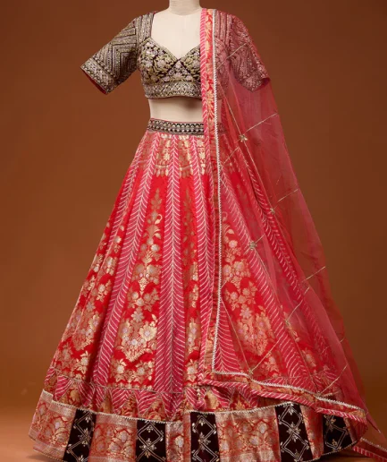 Red Zardosi Brocade Readymade Lehenga
