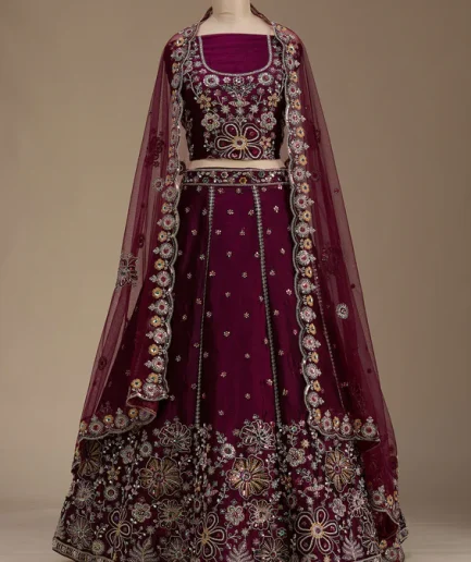 Wine Zariwork Satin Semi-Stitched Lehenga
