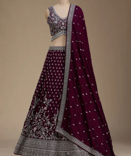 Wine Zariwork Soft Raw Silk Readymade Lehenga