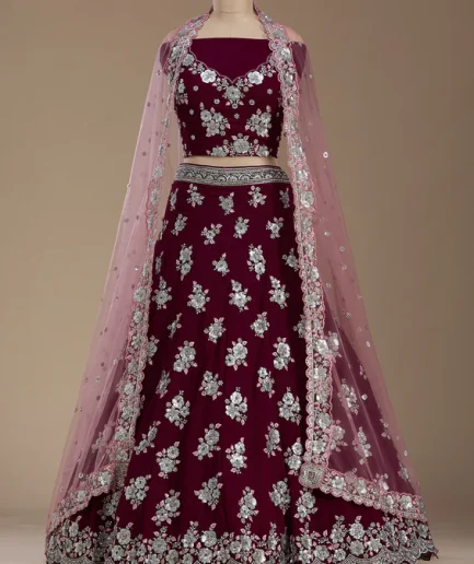 Wine Sequins Georgette Semi-Stitched Lehenga