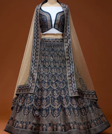 Navy Blue Stonework Satin Readymade Lehenga
