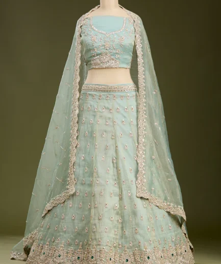 Sea Green Stonework Tissue Readymade Lehenga