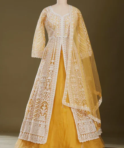 Mustard Yellow Threadwork Net Readymade Lehenga