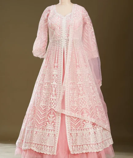 Pink Threadwork Net Readymade Lehenga