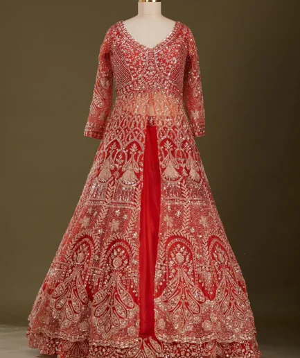 Rust Cutdana Net Readymade Lehenga