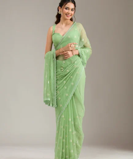 Pista Green Threadwork Chiffon Saree