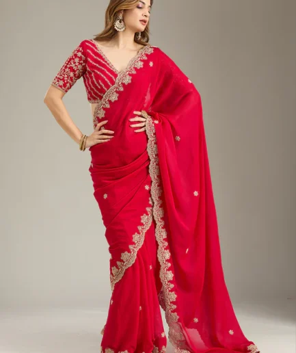 Rani Pink Cording Semi Crepe Saree