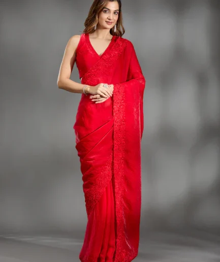 Red Threadwork Tissue Saree