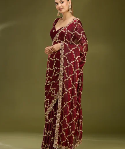 Dark Maroon Cutdana Tissue Saree