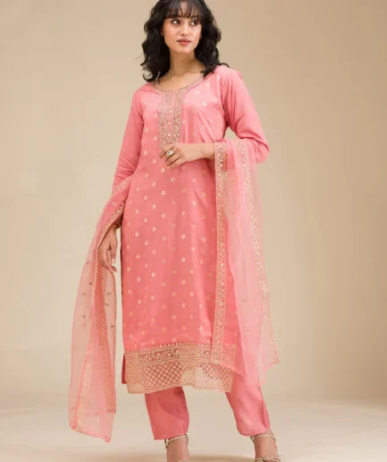 Peach Cording Chanderi Readymade Salwar Suit