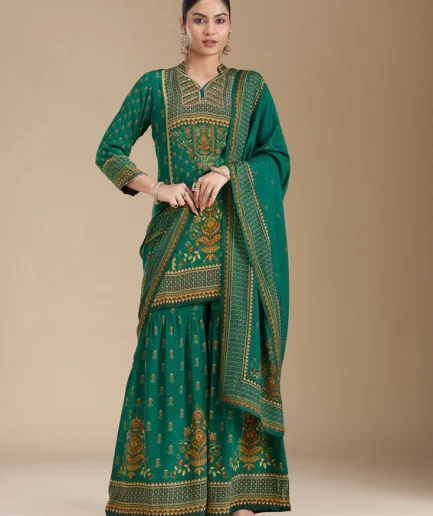 Teal Green Printed Crepe Readymade Salwar Suit