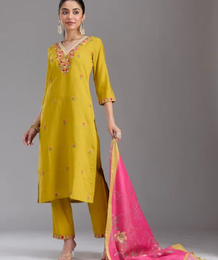 Mustard Yellow Threadwork Chanderi Readymade Salwar Suit