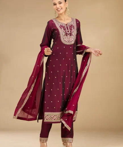 Wine Threadwork Soft Raw Silk Readymade Salwar Suit