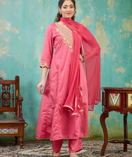 Gajari Pink Cording Chanderi Readymade Salwar Suit