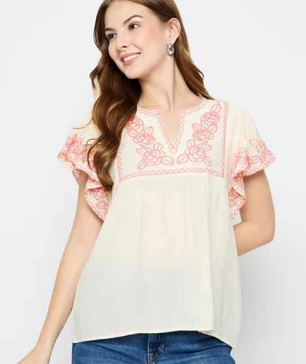 Embroidered Rayon Blend Beige Top