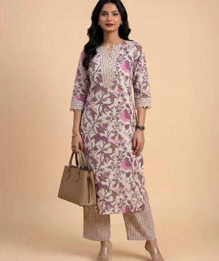 Ivory And Multi Colour Cotton Flax Printed Kurti Set