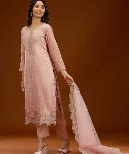 Baby Pink Threadwork Tissue Readymade Salwar Suit