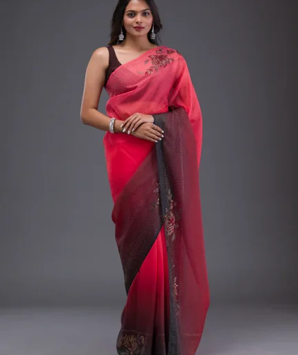 Peach Swarovski Satin Silk Saree