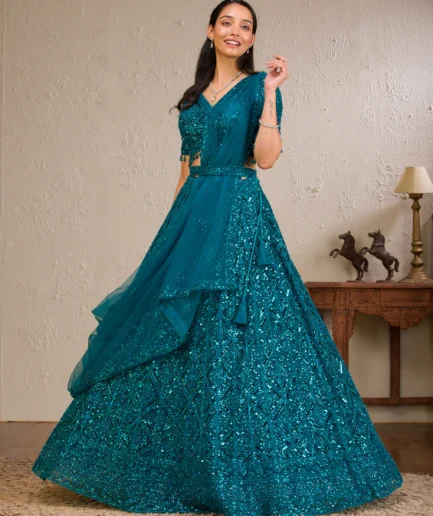 Peacock Blue Sequins Net Readymade Lehenga