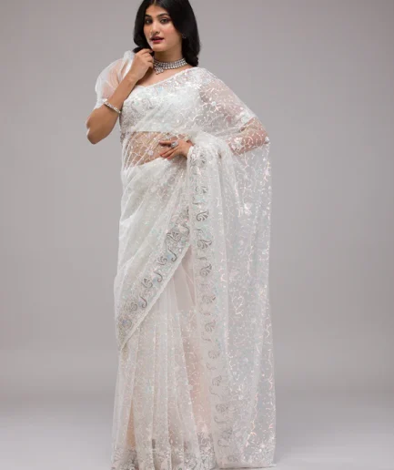 White Sequins Net Saree